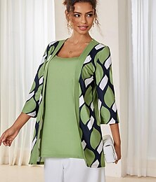 cheap -Women's Blouse Geometric Print Daily Casual 3/4 Length Sleeve Crew Neck Green Spring