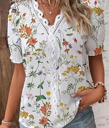 economico -Blusa da donna bianca elegante in pizzo top blusa ad occhio pizzo floreale etnico manica corta maniche a palloncino V neck top romantico quotidiano petite abbigliamento estivo vacanze bianco estate