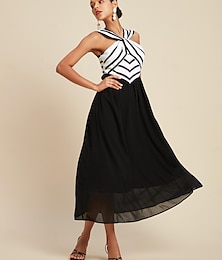 economico -chiffon nero&amp;abito lungo senza maniche con elastico in vita a righe in raso e collo annodato per feste/invitati a nozze per stupire 2024