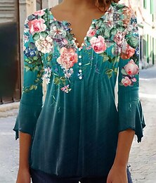 economico -camicetta da donna camicetta casual floreale bottoni stampa manica 3/4 lunghezza top regolare girocollo vacanza quotidiano bianco rosa blu verde primavera&amp; estate