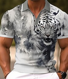 abordables -Hombre Tigre Camisetas polo Camiseta de golf Manga Corta Camisas de polo Camisas con cuello Gracioso Ropa de calle Ropa de vacaciones Trajes de fiesta Botones Impresión 3D Primavera verano Gris
