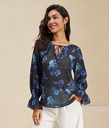 cheap -Women's Shirt Chiffon Floral Tie Front Daily Daily Bell Sleeve Long Sleeve V Neck Blue Summer Spring