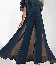 abordables -Mujer Normal Mono Elegante Color sólido Manga Corta Escote en Pico Alta cintura Con tren Oficina Trabajo Ajuste regular Azul Marino Verano