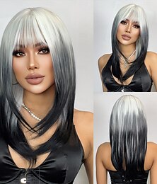 abordables -Pelucas sintéticas Uniformes Disfraces carrera Princesa Recto Liso Natural Parte media Corte a capas Hecho a Máquina Peluca 24 pulgadas Negro-Blanco Pelo sintético Mujer Cosplay Fiesta Moda Blanco
