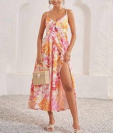 cheap -Women's Slip Dress Leaf Bow Tie Split Thigh V Neck Maxi Dress Boho Vacation Sleeveless Summer
