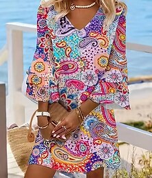 preiswerte -Damen Minikleid Semi formelles Kleid Minikleid Sommerkleid A Linie Kleid Stilvoll Rüschenärmel Ausgestellter Ärmel Urlaub Regular Fit Paisley-Muster 3/4 Ärmel V Ausschnitt Magenta Hellgrün Himmelblau