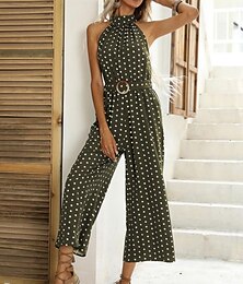 abordables -Mujer Normal Mono Ropa de calle A Lunares Sin Mangas Cuello halter Bolsillo Alta cintura Calle Diario Ajuste regular Negro Verde Trébol Verano