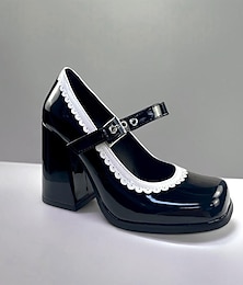 baratos -sapatos mary jane preto e branco femininos – sapatos retrô de salto grosso plataforma para festas e escritório