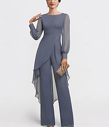 cheap -Two Piece Jumpsuit / Pantsuit Mother of the Bride Dress Wedding Guest Elegant Jewel Neck Floor Length Chiffon Long Sleeve with Ruffles 2024