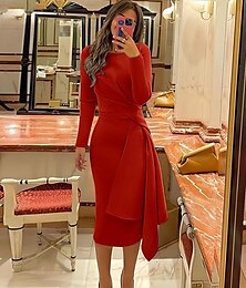 preiswerte -Strand Hochzeit Schlauch Cocktailkleider Elegantes Kleid Formeller Herbst Knie-Länge Lange Ärmel Juwel-Ausschnitt Stretchstoff mit Falten Raffungen Derby Kleider 2025