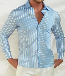 cheap -Stripe Men's Business Casual 3D Printed Shirt Outdoor Wear to work Daily Wear Spring & Summer Turndown Long Sleeve Blue Purple Light Blue S M L 4-Way Stretch Fabric Shirt