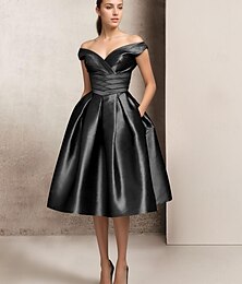 abordables -Robe Cocktail A-Line Élégante Robe Invitée de Mariage Longueur Thé Manches Courtes Décolleté en V Poche Satin avec Ruched Robes Derby 2025