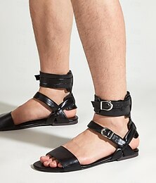 abordables -Sandales gladiateur noires pour hommes – Sandales plates en similicuir avec bride à la cheville et fermeture à boucle pour la mode estivale, les tenues de plage et les festivals