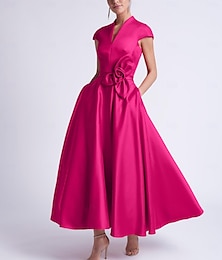 economico -Abiti da cocktail A-Line da matrimonio in spiaggia Abito Elegante Festa Lunghezza tè Senza maniche V Neck Pocket Raso con fiocco/i Abiti Derby 2025
