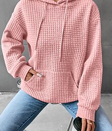 abordables -Sudadera con capucha para mujer, informal, con textura, lisa, para uso diario, con capucha, bolsillo frontal, manga larga, negra, blanca, rosa, gris, otoño&amp; invierno