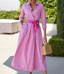 abordables -robe chemise femme robe décontractée robe longue maxi rendez-vous vacances moderne décontracté col chemise à lacets bouton manches longues été printemps coupe régulière plaid