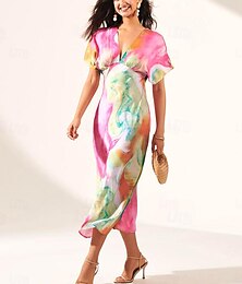 economico -abito da sposa da donna con stampa sfumata, scollo a V, midi, elegante, manica corta, vestibilità regolare, abito estivo da giorno per le vacanze