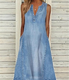 ieftine -Pentru femei Rochii din denim Rochii Midi Denim Peteci Dată Vacanță Șic Stradă De Bază În V Fără manșon Albastru piscină Culoare