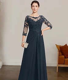 cheap -A-Line Mother of the Bride Dress Elegant Bateau Neck Floor Length Chiffon Lace 3/4 Length Sleeve with Lace 2024