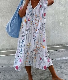 economico -Per donna Abito Midi Abiti ispirati al lino Abito in maglia Abito Boho a Maniche Lunghe Elegante Bohemien Casual Vacanza Casa Quotidiano Vestibilità comoda Floreale Scollo a V Rosa Rosso Blu Estate
