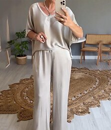 economico -Per donna Moda maglietta Pantaloni a gamba larga Manica a 3/4 A V Liscio Per eventi Fine settimana Argento Nero Rosa Estate Standard