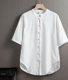 billiga -Herr Skjorta linneskjorta Knapp upp skjorta Casual skjorta Bomullskjorta Svart Vit Vin Kortärmad Slät Bandkrage Sommar Gata Hawaiisk Kläder Button-Down