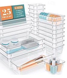 cheap -25 PCS Clear Plastic Drawer Organizers Set, 4-Size Versatile Bathroom and Vanity Drawer Organizer Trays, Storage Bins for Makeup, Bedroom, Kitchen Gadgets Utensils and Office