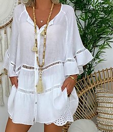 preiswerte -Damen Hemd Leinen-inspirierte Hemden Bluse Einfach Mode V Ausschnitt Straße Täglich Ausschnitt Lang Weiß Gelb Rote Braun Sommer