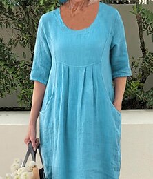 abordables -Femmes bleu marine Bleu Ciel Vert Été Printemps Mini Robe Robes inspirées du lin Robe Décontractée Basique Moderne Quotidien Week-end Coupe Ample Uni Col ras du cou