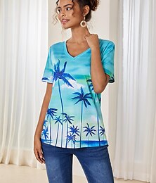 baratos -Mulheres Camiseta Plantas Havaiana Manga Curta Decote V Tops regulares Férias Imprimir Verde Verão