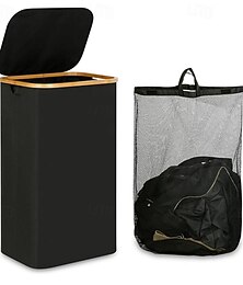 abordables -Panier à linge 100 l avec couvercle, paniers à linge avec poignées en bambou et un sac à linge amovible, grand panier à linge pliable pour chambre, salle de bain, dortoir, buanderie