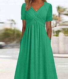 abordables -Robe Trapèze Robe unie Femme Robe Maxi Poche Plein Air basique Décontractées Col V Manche Courte Standard Noir Rouge Bleu S M L XL 2XL