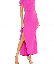 economico -Abiti per invitati al matrimonio a sheaths elegante abbigliamento formale black tie lunghezza alla caviglia maniche corte scollo a V stretch chiffon con arricciature