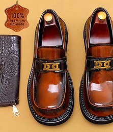 abordables -Mocassins en cuir de vachette de qualité supérieure pour hommes avec détail de chaîne en or – chaussures habillées marron élégantes à enfiler pour une tenue formelle et professionnelle