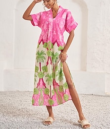 cheap -Women's Tropical Split Thigh V Neck Midi Dress Stylish Vacation Short Sleeve Summer