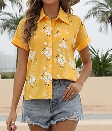 abordables -Mujer Camisa Camisas de algodón y lino Abotonar Blusa Floral Casual Manga Corta Cuello Camisero Tops regulares Vacaciones Diario Botones Bolsillo Estampado Blanco Amarillo Azul Piscina Verano