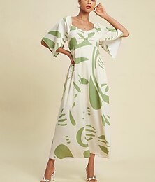 abordables -robe longue en satin à col carré et motif géométrique