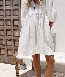abordables -Mujer Mini vestido Vestido blanco Vestidos de lino y algodón Vestido negro Vestido informal Básico Moderno Diario Fin de semana Holgado Plano Manga 3/4 Escote en Pico Negro Blanco Rosa Rojo Verano