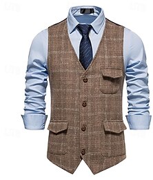 preiswerte -Herren Weste Geschäft Casual Hochzeitsfeier Kleid Komfortabel Frühling, Herbst, Winter, Sommer Polyester 95% Polyester 5% Elasthan Plaid / Karomuster Vorne geknöpft V Ausschnitt Regular Fit Schwarz