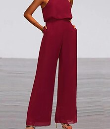 abordables -Mujer Normal Mono Elegante Color sólido Sin Mangas Cuello Barco Bolsillo Alta cintura Oficina Negocio Ajuste regular Vino Verano