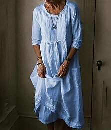 economico -Per donna Nero Blu Verde Estate Primavera Abito Midi Abiti ispirati al lino Vestito Casual Abito in cotone e lino Essenziale Moderno Quotidiano Weekend Vestibilità comoda Semplice Girocollo