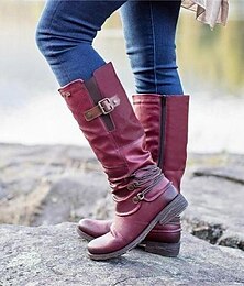 ieftine -cizme de damă vintage roșii până la genunchi, din imitație de piele, cu accente de cataramă - perfecte pentru aventurile în aer liber, ieșirile ocazionale și moda de toamnă