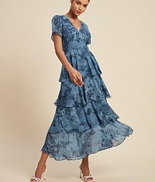 abordables -femme robe d'invité de mariage robe à fleurs robe d'été robe longue robe longue bleu manches courtes fleur fleurs fleur / plantes col en V taille élastique impression printemps &amp; mariage d'été à