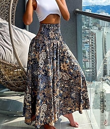preiswerte -Damen Hose mit weitem Bein A-Linie Bedruckt Blumen Boho Schwarz Sommer