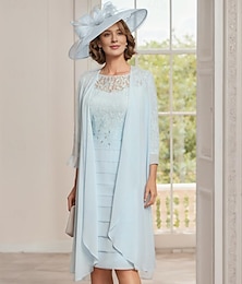 voordelige -Strand Bruiloft Twee delige Sheath Moeder van de Bruid Jurk Elegante Juweel Hals Knie Lengte Chiffon Kant 3/4 Lengte Mouw Jas Jurken met Kant Ruches 2025 gratis maat op maat