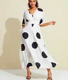 abordables -Femmes Ourlet Maxi Maxi en Satin Robe maxi Blanche Demi Manches À pois Dos attaché Poche cachée à la taille Été Printemps & Automne Col en V Décontracté Quotidien S M L