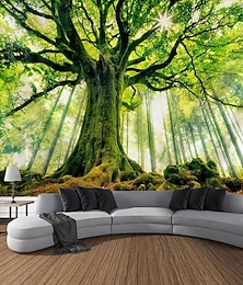 economico -natura foresta albero spesso grande arazzo da parete grande stampa 3d arte murale appesa per camera da letto soggiorno decorazioni per la casa, scenario foresta verde e bianca