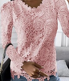 economico -Camicia Blusa Top eleganti Per donna Bianco Rosa Vino Liscio Pizzo Strada Giornaliero Di tendenza Rotonda Standard S