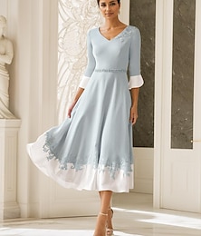 abordables -Robe de Mère de la Mariée A-Line pour Mariage de Plage Invité à l'Église Élégante Col en V Longueur Thé Tissu Élastique Manches Mi-Longues avec Appliqués taille personnalisée gratuite