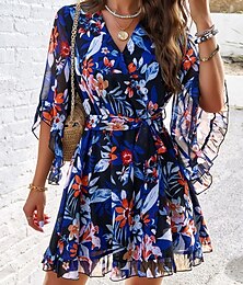 preiswerte -Damen Minikleid A Linie Kleid Stilvoll Urlaub Täglich Lockere Passform Blumen Halbe Ärmel V Ausschnitt Dunkelblau Sommer